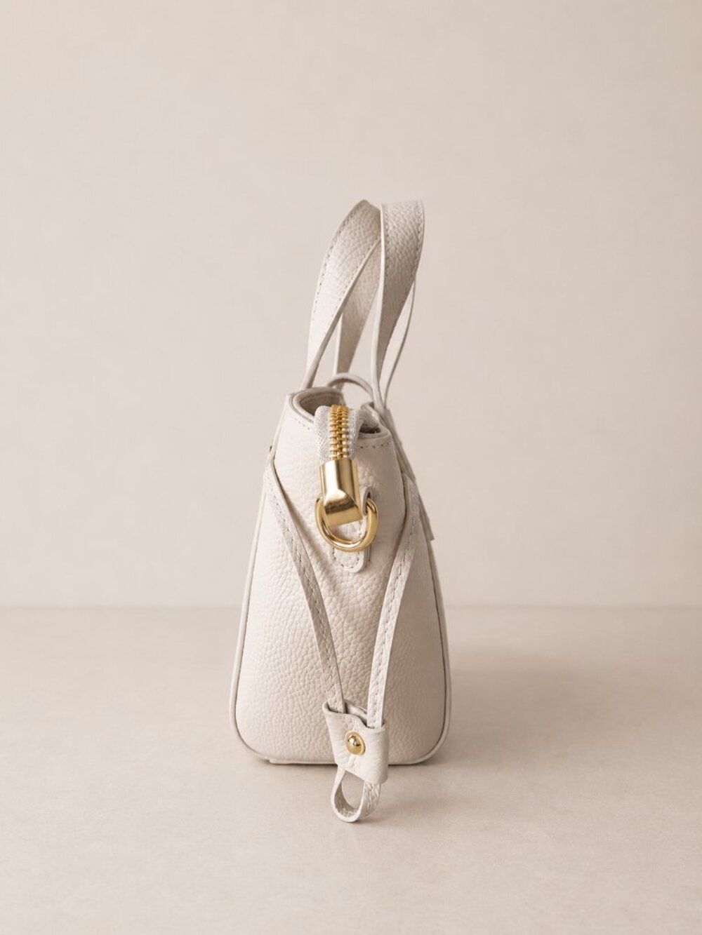 Beige Italian Leather Crossbody Top Handle Bag, Pebbled Leather Purse - Picture 12 of 16